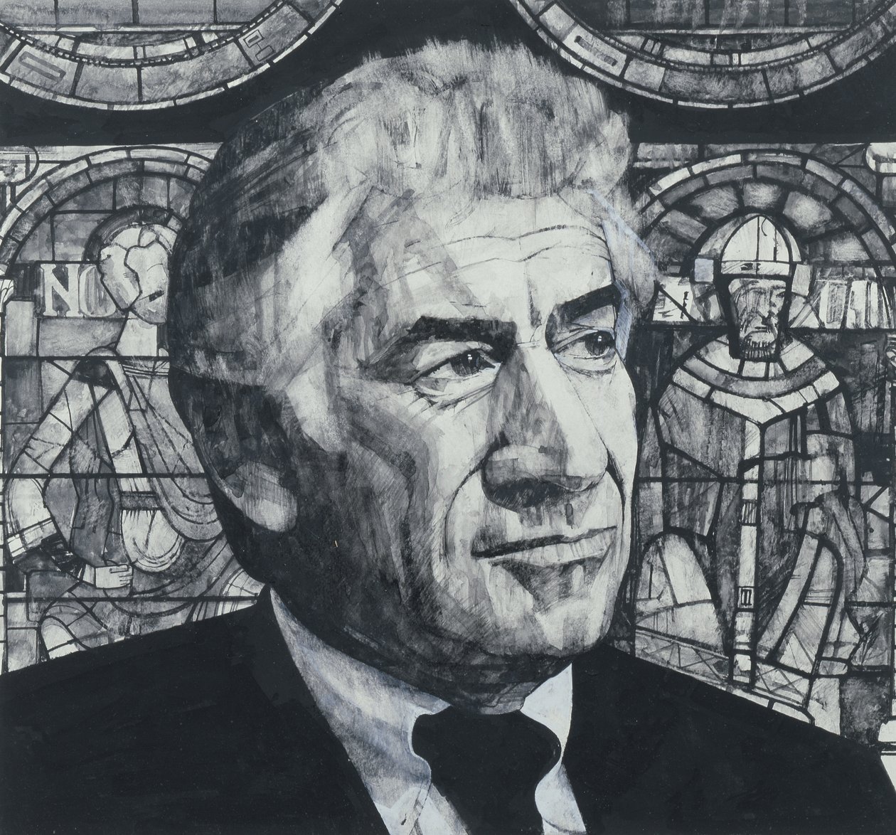 Leonard Bernsteinin muotokuva, kuvitus The Sunday Timesille, 1970 (guassi laivalla) tekijältä Barry Fantoni