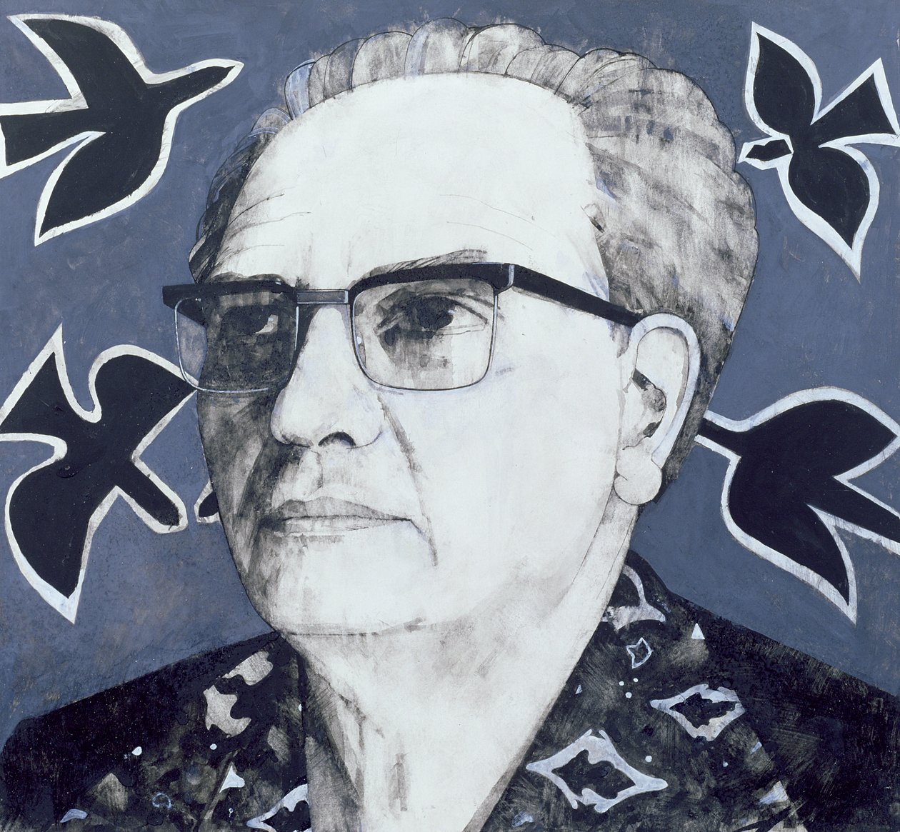 Olivier Messiaenin muotokuva, kuvitus The Sunday Timesille, 1970 (guassi laivalla) tekijältä Barry Fantoni