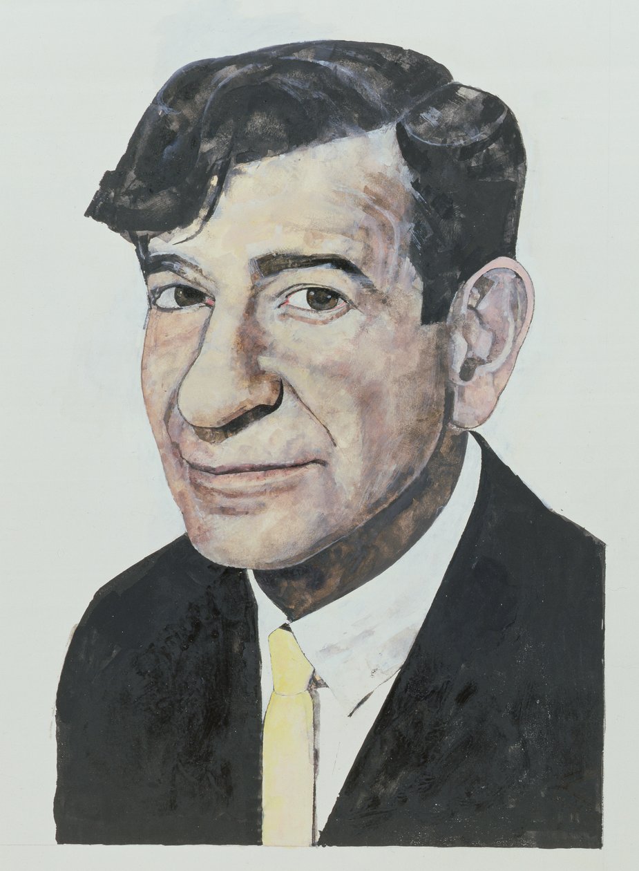 Walter Matthaun muotokuva, kuvitus The Daily Mirror Color Supplementille, 1964 (guassi aluksella) tekijältä Barry Fantoni
