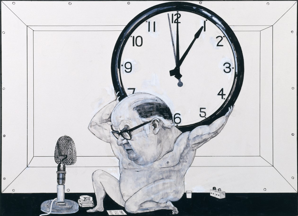 Muotokuva William Hardcastlesta, kuvitus The Radio Timesille, 1970 (guassi ja kynä ja muste aluksella) tekijältä Barry Fantoni