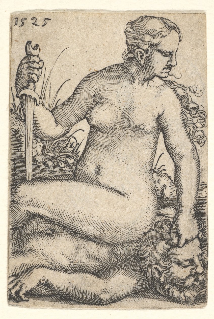 Judith, katsoen oikealle, istui alasti Holofernesin ruumiin päällä, sw..., 1525. tekijältä Barthel Beham