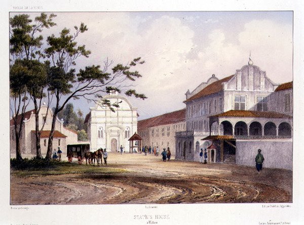 Valtion talo Malaccassa, kaiverrus Alfred Leon Lemercier, n. 1840 (käsinvärinen lito) tekijältä Barthelemy (after) Lauvergne