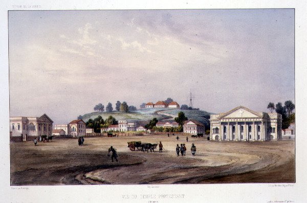 Näkymä protestanttisesta temppelistä, Singapore, kaiverrus Alfred Leon Lemercier, n. 1840 (käsinvärinen lito) tekijältä Barthelemy (after) Lauvergne