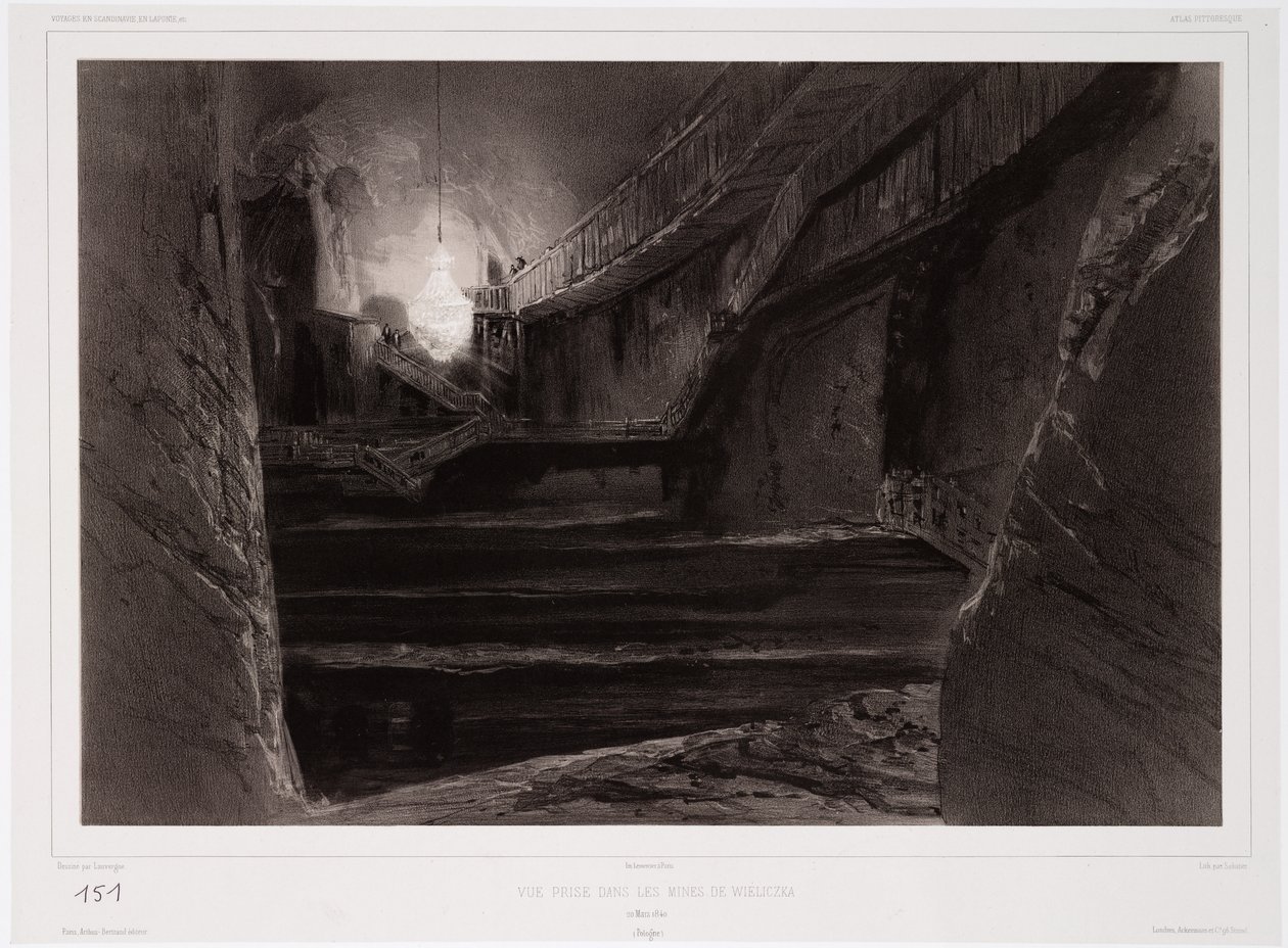 Näkymä otettu Wieliczkan kaivoksissa, Puolassa, 20. maaliskuuta 1840, kaiverrus Sabatier (sävytetty litho) tekijältä Barthelemy after Lauvergne