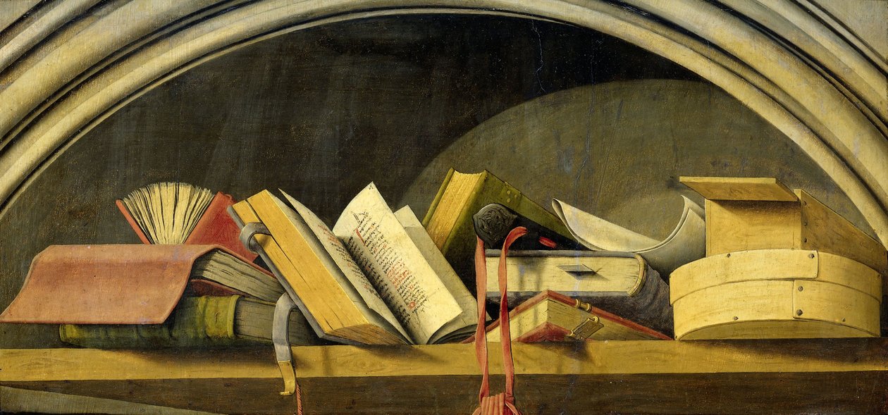 Asetelma kirjojen kanssa markkinarakossa, 1442-45 tekijältä Barthelemy dEyck