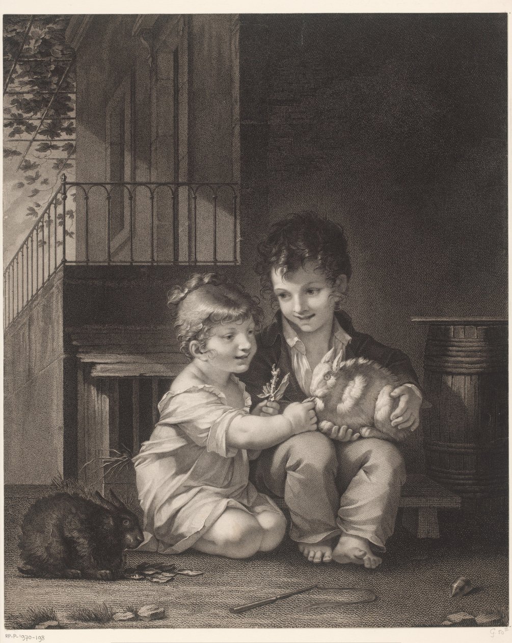 Dos nens amb conills Mange mon petit, mange finish tekijältä Barthélémy Joseph Fulcran Roger