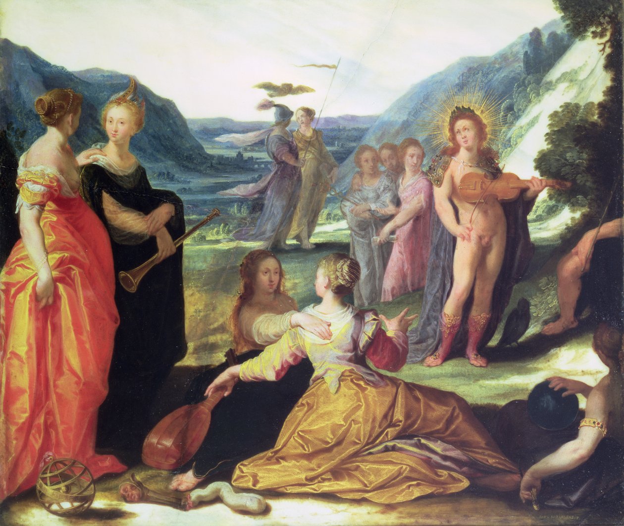 Apollo, Pallas ja muusat, 1500-luku (öljy marmorille) tekijältä Bartholomaeus Spranger