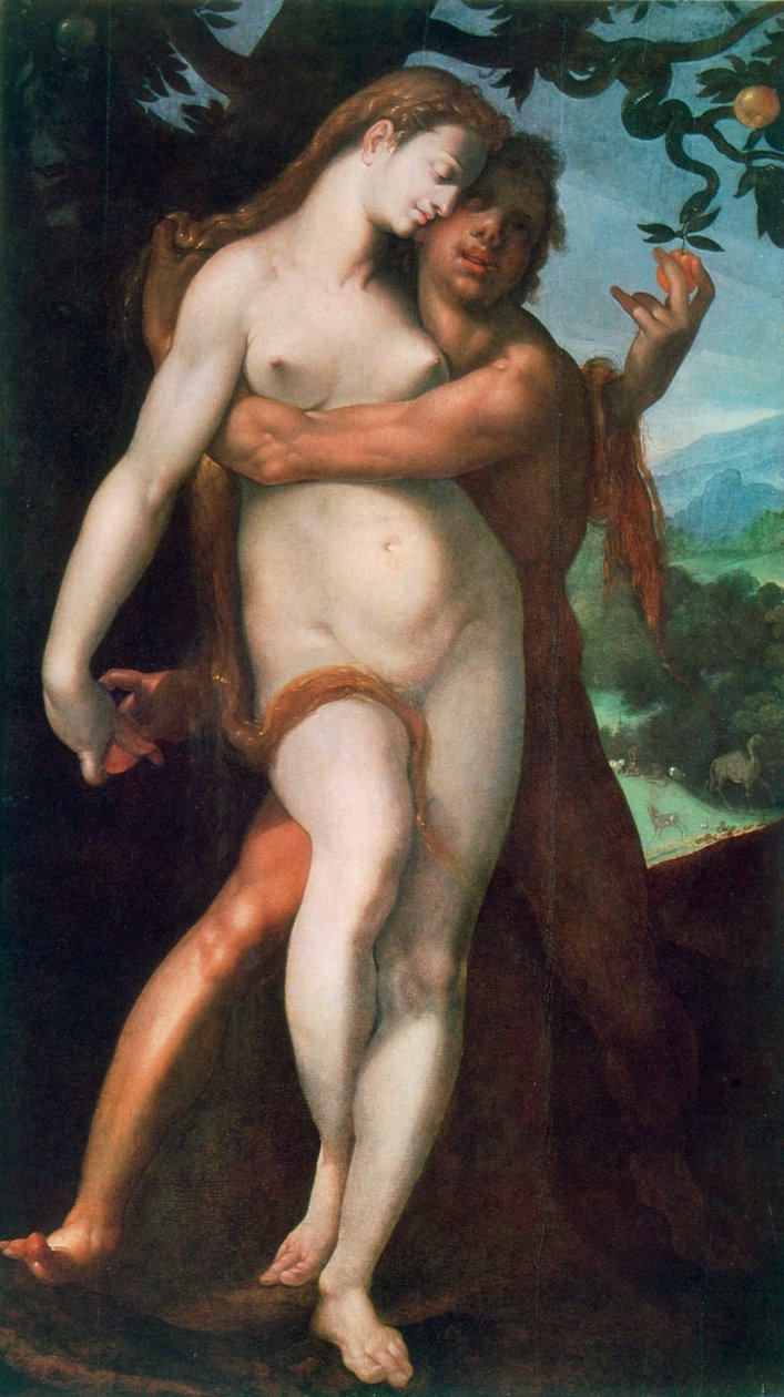 Aadam ja Eeva, n. 1566-1611. tekijältä Bartholomaeus Spranger
