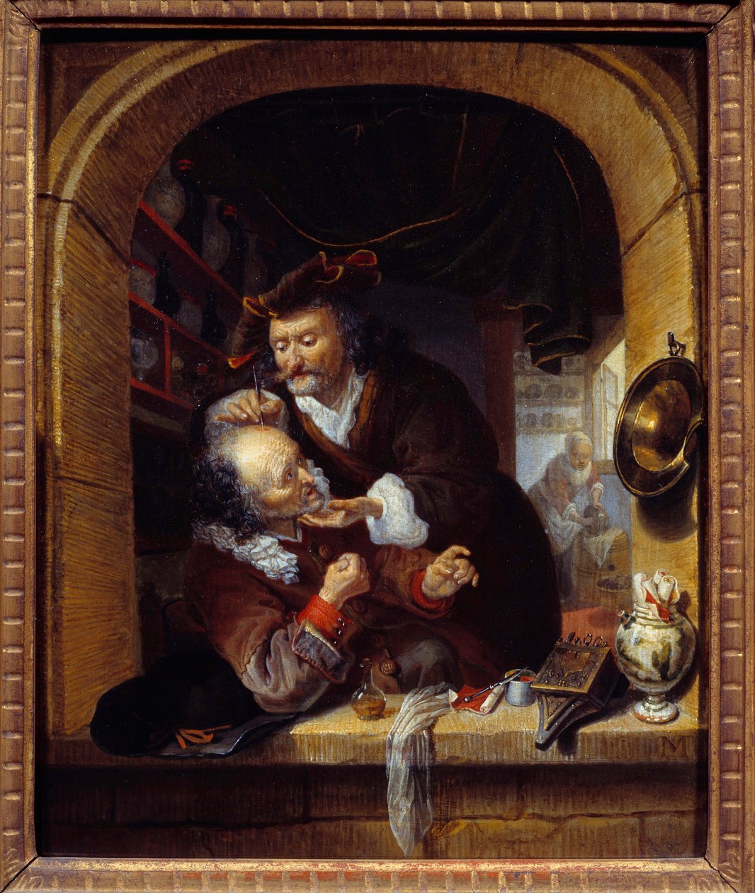 Lääketiede: "" lääkäri tekee pienen verenvuodon hoitaakseen potilaansa päänsärkyä"" Bartholomeus Matonin (1643-1684) maalaus 1600-luvun su. 0,27x0,21 m Pariisi, Musee du Petite Palais tekijältä Bartholomaus Maton