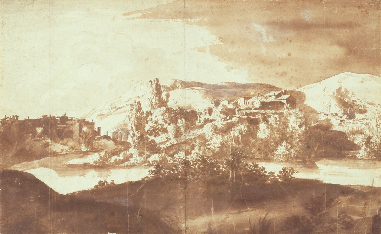 Italian kylä joen rannalla, n. 1627 (kynä ja muste grafiitin päällä paperilla) tekijältä Bartholomeus Breenbergh