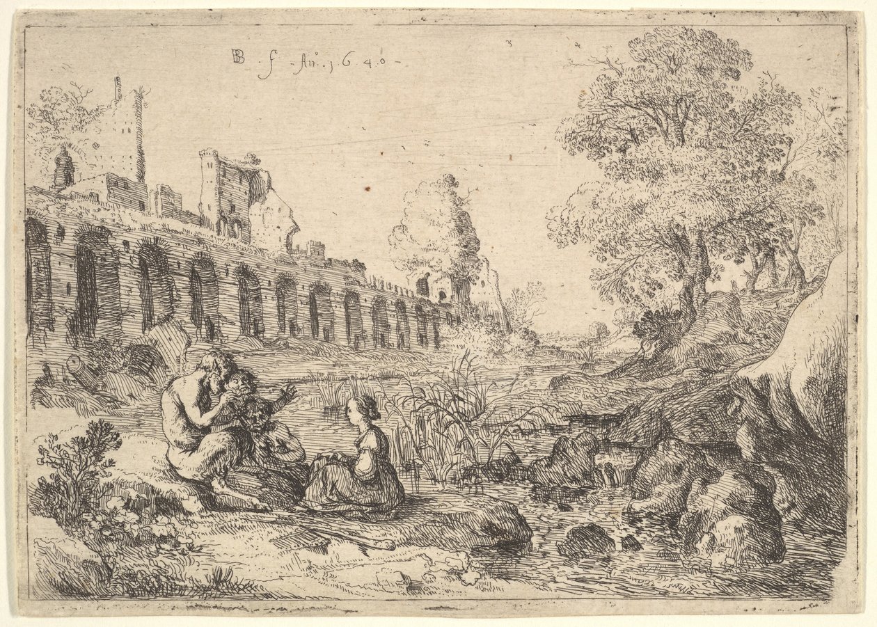 Korsika, joka istuu satyyrien edessä joen rannalla, Battista Gu...n lautasparista, 1640. tekijältä Bartholomeus Breenbergh