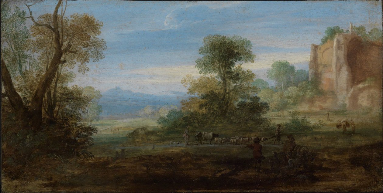 Italialainen maisema, jossa on antiikin raunioita tekijältä Bartholomeus Breenbergh