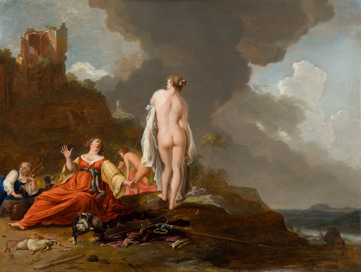 Maisema, jossa on metsästysnymfi (ja Diana) tekijältä Bartholomeus Breenbergh
