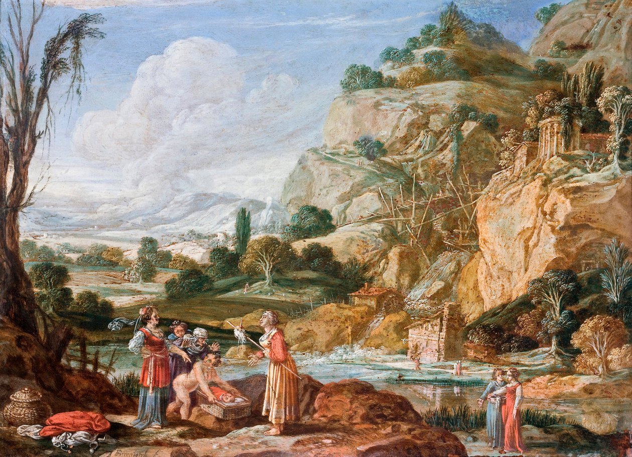""Faraon tytär löytää Mooseksen lapsen"" (Faraon tyttären Mooseksen löytäminen) Bartholomeus Breenberghin (1598-1657) maalaus Öljykuparille 1600-luku Koko 18,5x25 cm, Tukholman Hallwylska Museet tekijältä Bartholomeus Breenbergh
