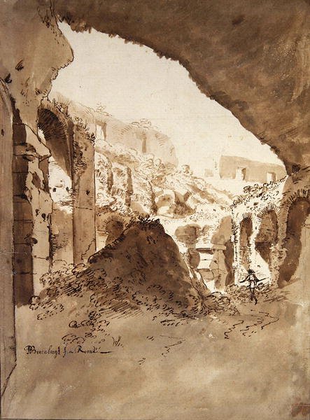Näkymä Colosseumin sisälle (musta liitu, kynä ja ruskea pesu paperille) tekijältä Bartholomeus Breenbergh