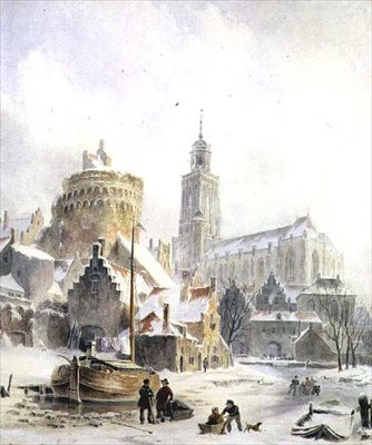 Lapset leikkivät jäätyneellä joella, Deventerin katedraali Beyond tekijältä Bartholomeus Johannes van Hove