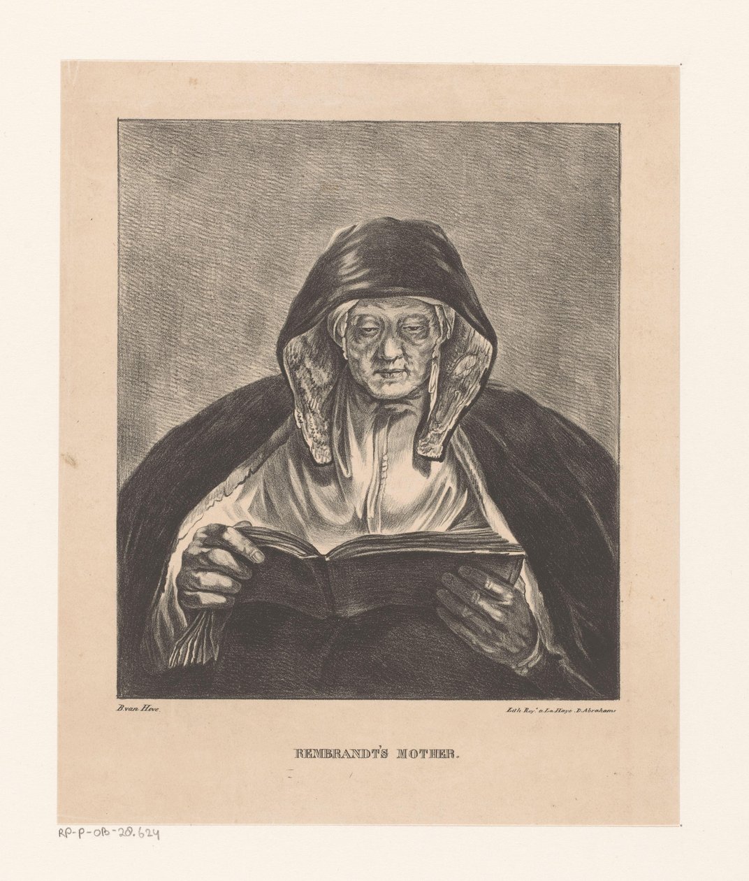 Muotokuva vanhasta naisesta lukemassa Rembrandtin äiti (otsikko esineessä) tekijältä Bartholomeus Johannes van Hove