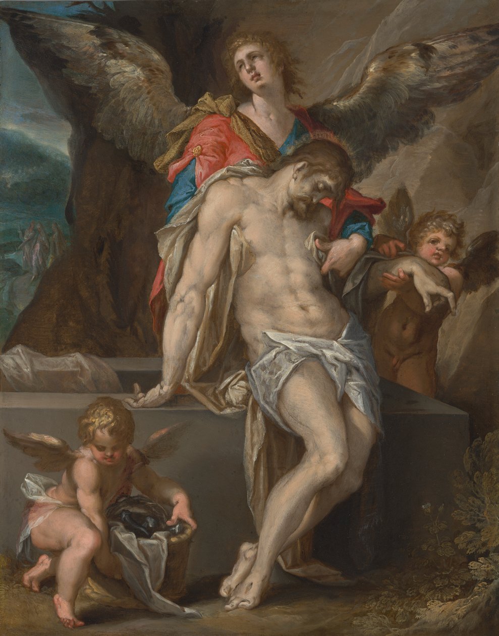 Enkeleiden tukema Kristuksen ruumis tekijältä Bartholomeus Spranger