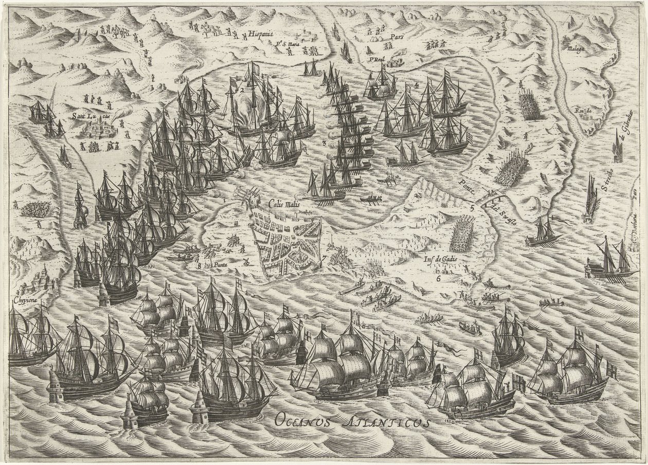 Cadizin taistelu, 1596 tekijältä Bartholomeus Willemsz. Dolendo (attributed to)