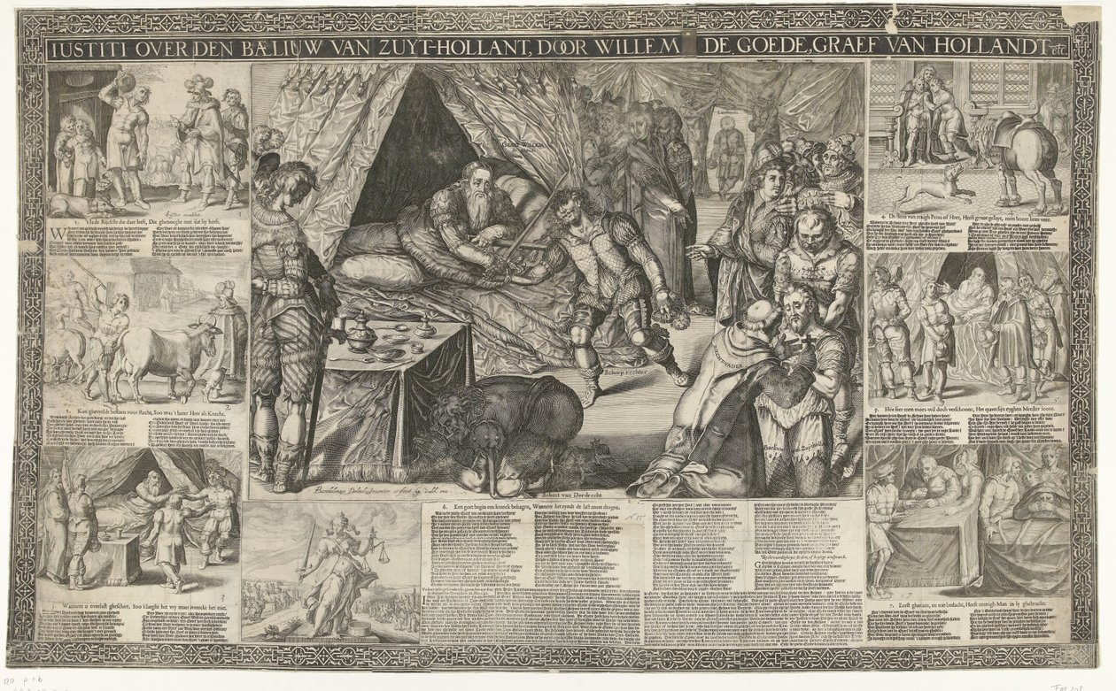 Kreivi Willem III:n tuomio Etelä-Hollannin ulosottomiehestä, 1336 Iustiti over den baeliuw van Zuyt-Hollant, Willem de Goede, kreivi van Hollandt jne. (otsikko esineessä) tekijältä Bartholomeus Willemsz. Dolendo (signed by artist)