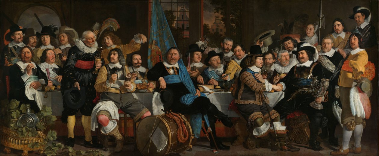 Juhla Varsijousimiesten kiltassa Münsterin rauhansopimuksen kunniaksi Münsterin rauhan juhla 18. kesäkuuta 1648 Varsijousimiesten kansalaiskaartin (St George Guard) päämajassa Amsterdamissa tekijältä Bartholomeus van der Helst