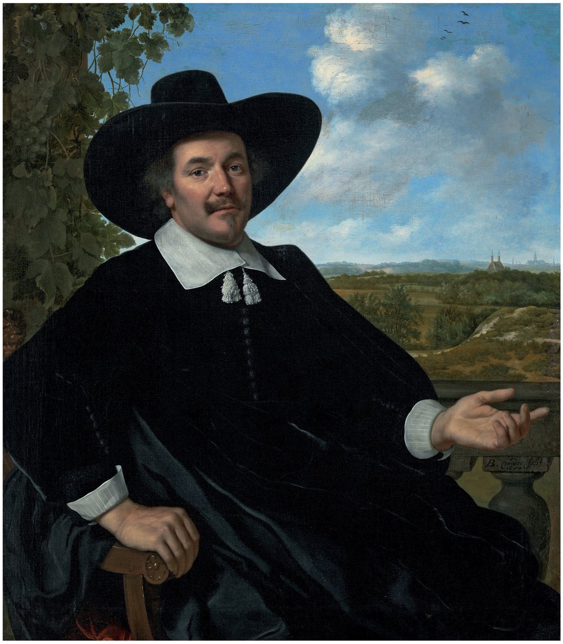 Gabriel Marselisin muotokuva, kolmevartalopituinen, istuva, kaiteen edessä, maisema, jossa on maalaistalo ja sen takana kaukainen näkymä Haarlemiin. tekijältä Bartholomeus van der Helst