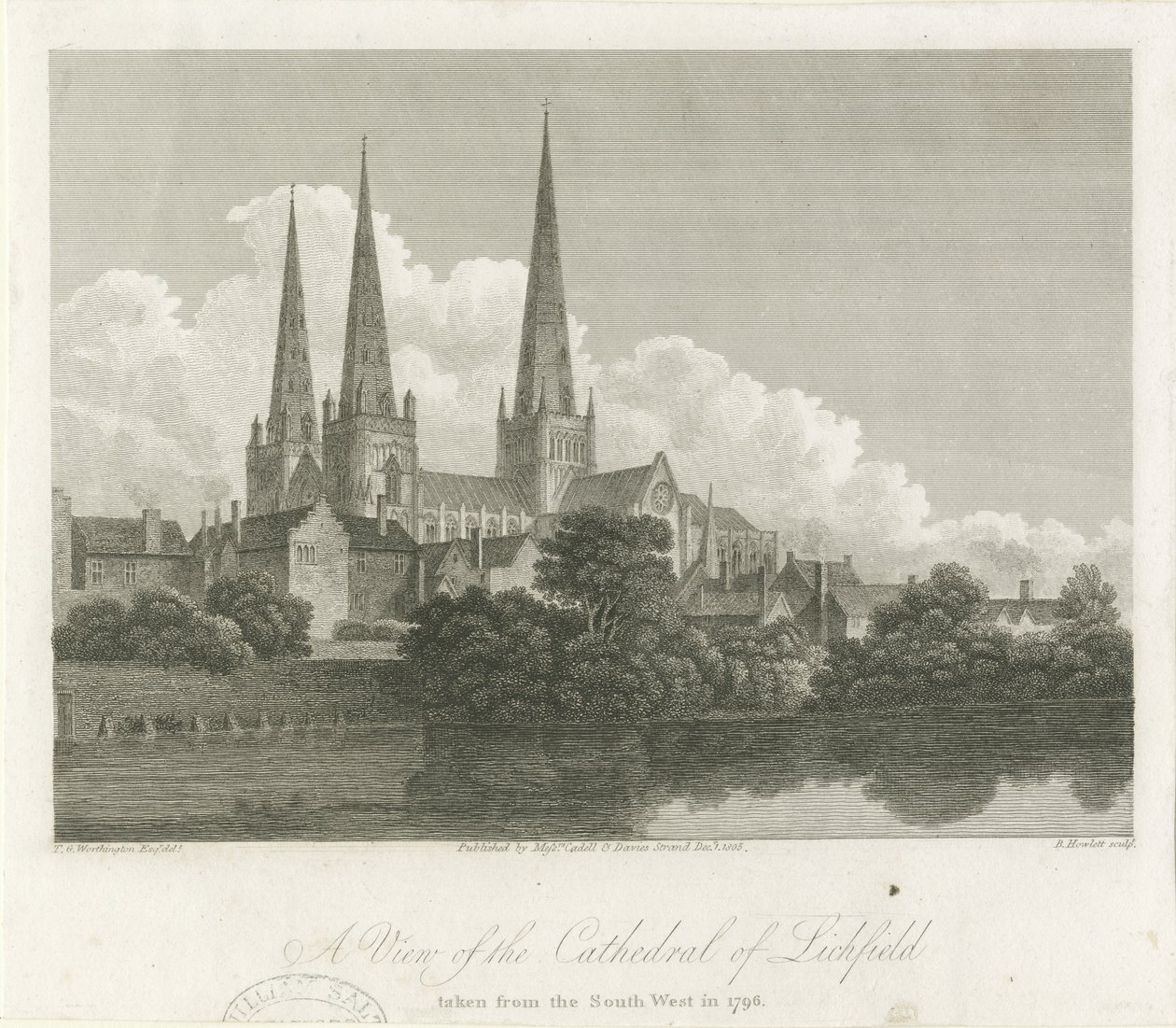 Lichfieldin katedraali - Lounaisnäkymä: kaiverrus, 1796 tekijältä Bartholomew Howlett