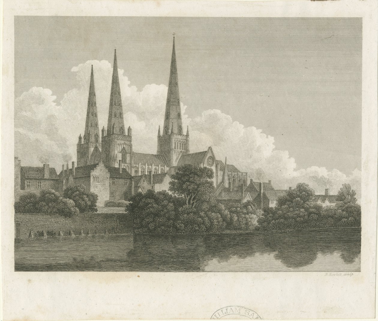 Lichfieldin katedraali - Lounaisnäkymä: kaiverrus, nd [?1796] tekijältä Bartholomew Howlett