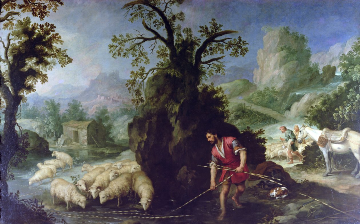 Jaakob asetti kuoritut sauvat Labanin laumien eteen tekijältä Bartolomé Esteban Murillo