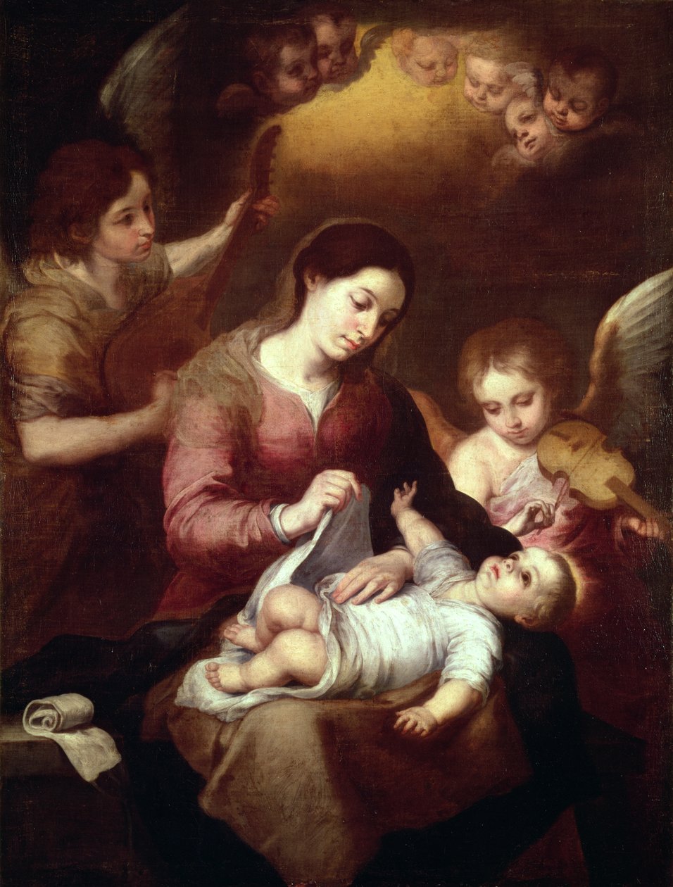 Madonna kääri Kristus-lapsen kapaloituihin kylpytakkiin tekijältä Bartolomé Esteban Murillo