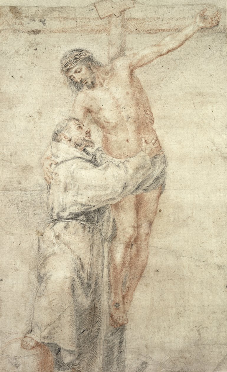 Pyhä Fransiskus hylkää maailman ja syleilee Kristusta (punainen ja musta liitu paperille). tekijältä Bartolomé Esteban Murillo