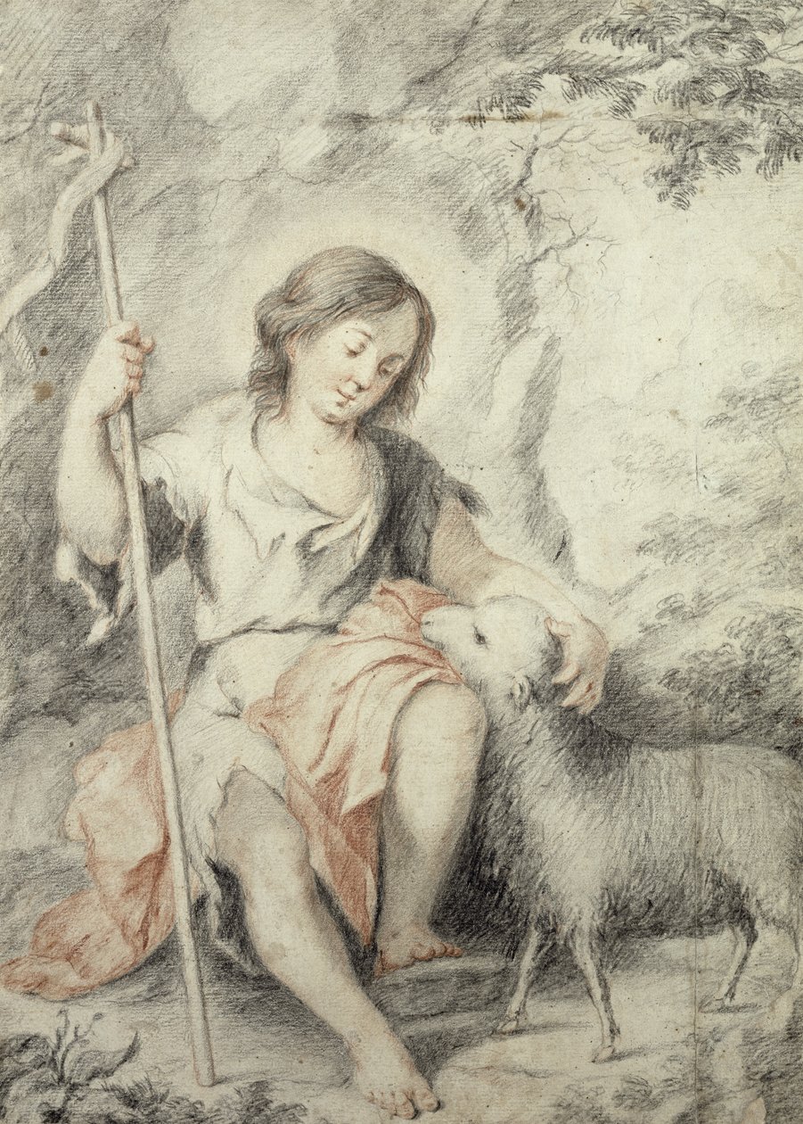 Nuori Johannes Kastaja Karitsan kanssa kivisessä maisemassa (punainen ja musta liitu paperille) tekijältä Bartolomé Esteban Murillo