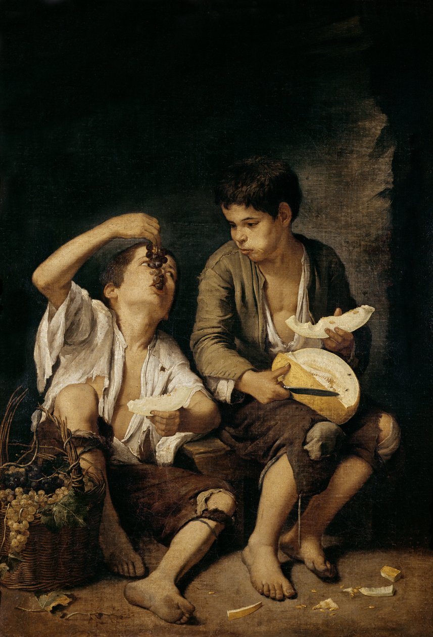 Kaksi lasta syömässä melonia ja viinirypäleitä, 1645-46 tekijältä Bartolomé Esteban Murillo