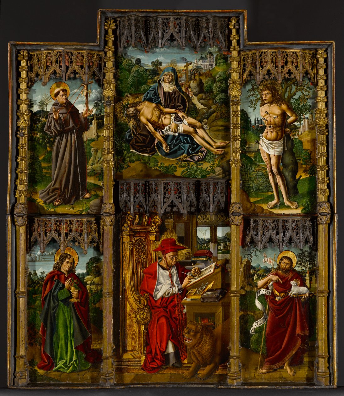 Kannettava alttaritaulu: Pietà, pyhät Franciscus, Sebastian, Johannes Evankelista, Hieronymus ja Johannes Kastaja, n. 1500 tekijältä Bartolomé Bermejo