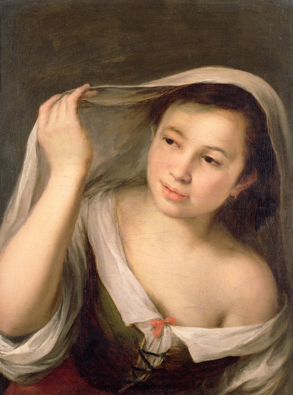 Nuori tyttö nostaa hunnuaan tekijältä Bartolomé Esteban Murillo