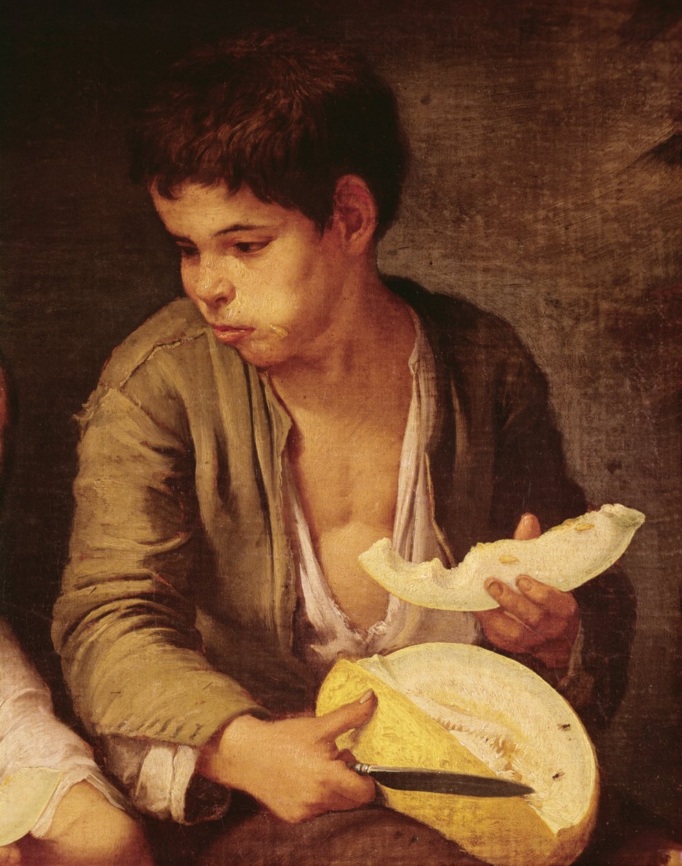 Yksityiskohta kahdesta lapsesta syömässä melonia ja viinirypäleitä, 1645-46 öljy kankaalle katso 161023 tekijältä Bartolomé Esteban Murillo
