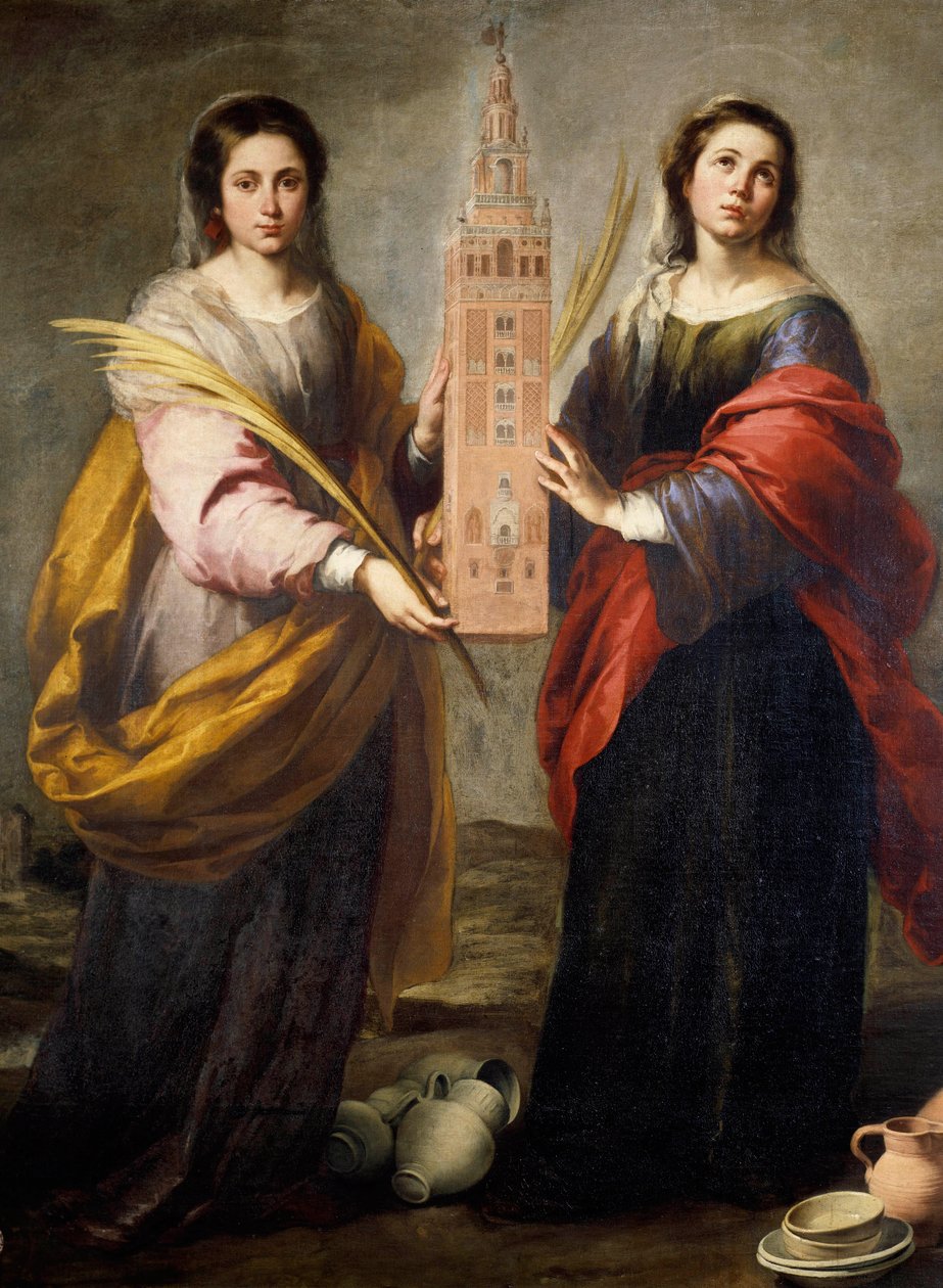 Pyhät Juste ja Rufine (tai Ruffine) Sevillan kaupungin suojelijat kantavat Giraldaa, Suuren moskeijan entistä minareettia, joka on muodostunut Sevillan katedraalin kellotornista - Bartolome Murillon (1618-1682) maalaus noin 166 tekijältä Bartolomé Esteban Murillo