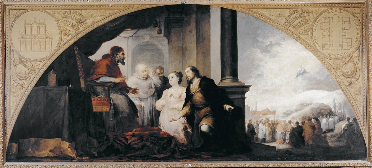 Santa Maria Maggioren (Santa Maria Maggioren basilika) perusta. Patrisia Johannes ja hänen vaimonsa paljastivat unelmansa Rooman paavi Liberelle (Liberius) (paavi 352-366) kahden kirkon seurassa. Bartolome Esteban Murillon (1617-1682) maalaus tekijältä Bartolomé Esteban Murillo