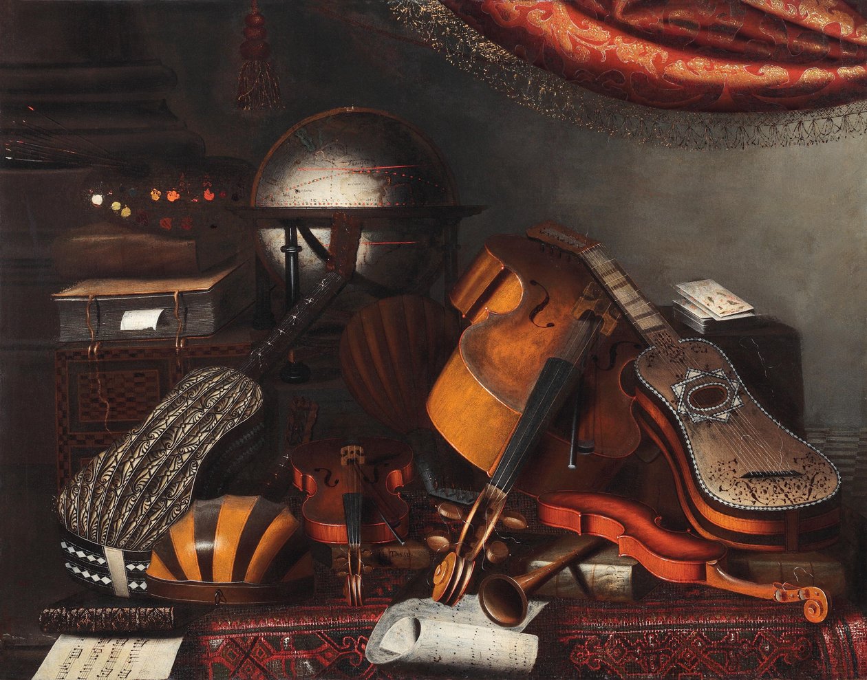 Musikinstrumente, ein Globus, Bücher, Spielkarten ja eine Malerpalette tekijältä Bartolomeo Bettera