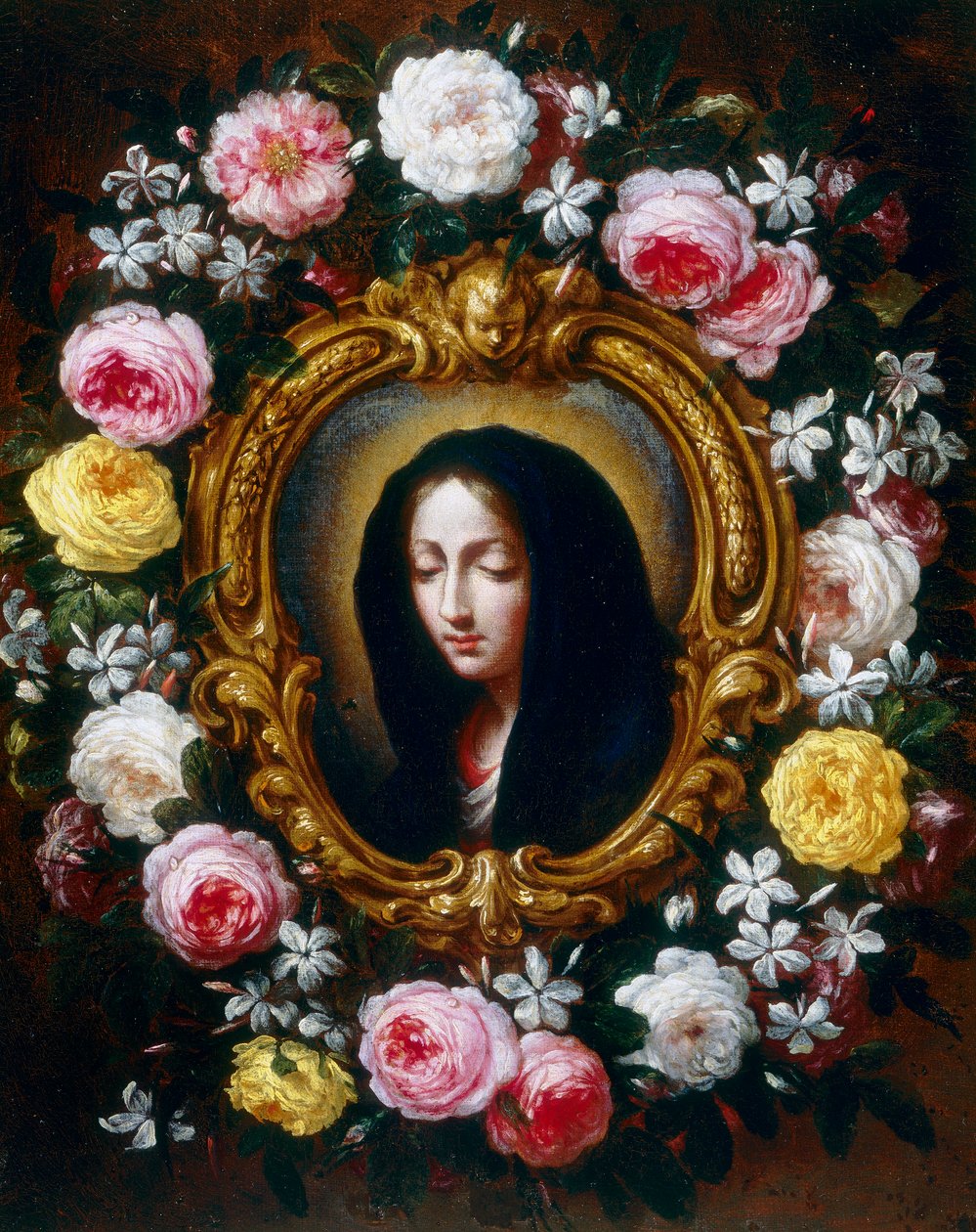 Madonna ruusujen ja jasmiinin seppeleessä tekijältä Bartolomeo Bimbi
