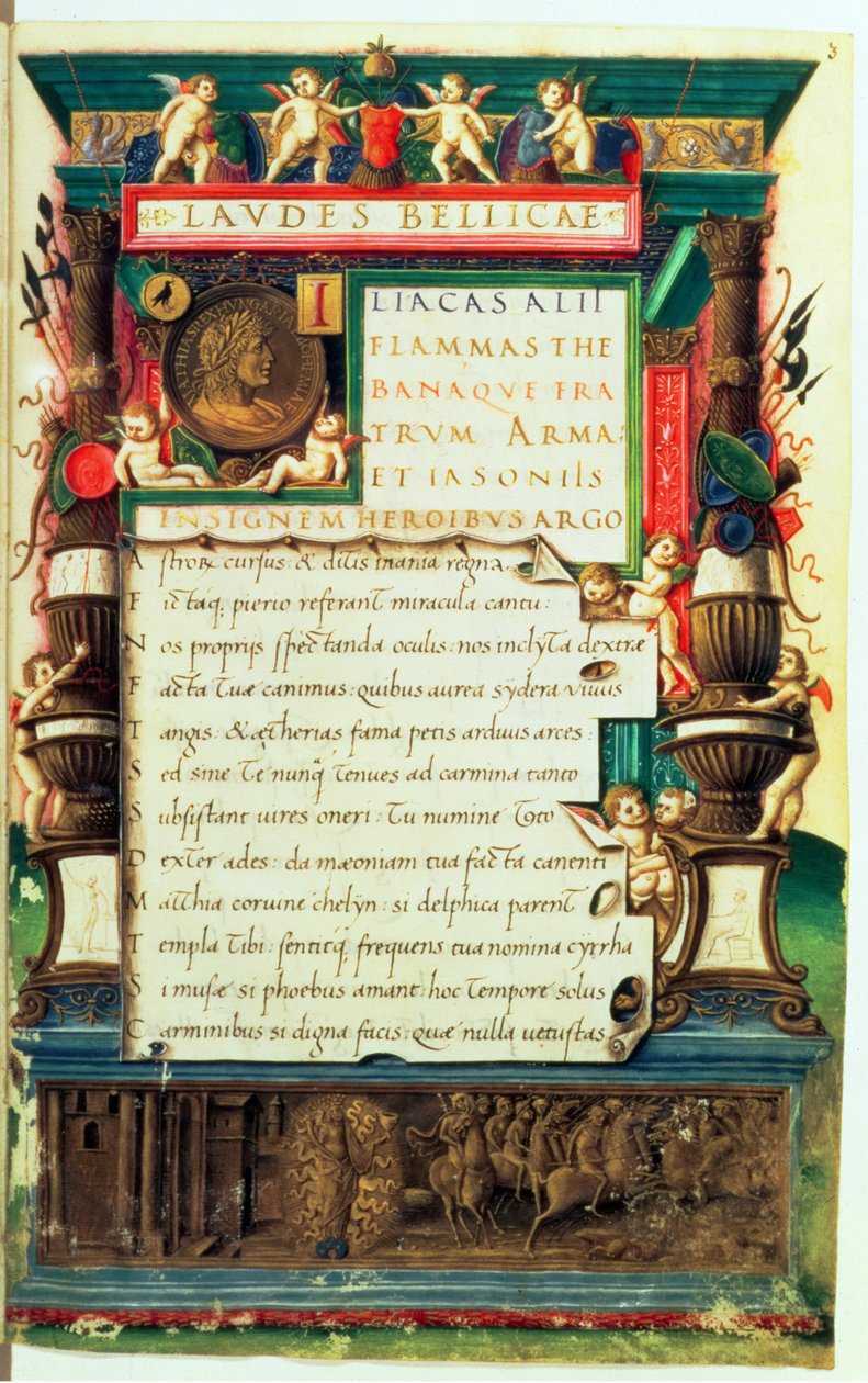 Ms 85.I.I.Aug.2, f.3r Esityksen käsikirjoitus Matthias Corvinukselle, Laudes Bellicaesta, Alexander Cortesius, Rooma, n. 1480-1490 tekijältä Bartolomeo Sanvito
