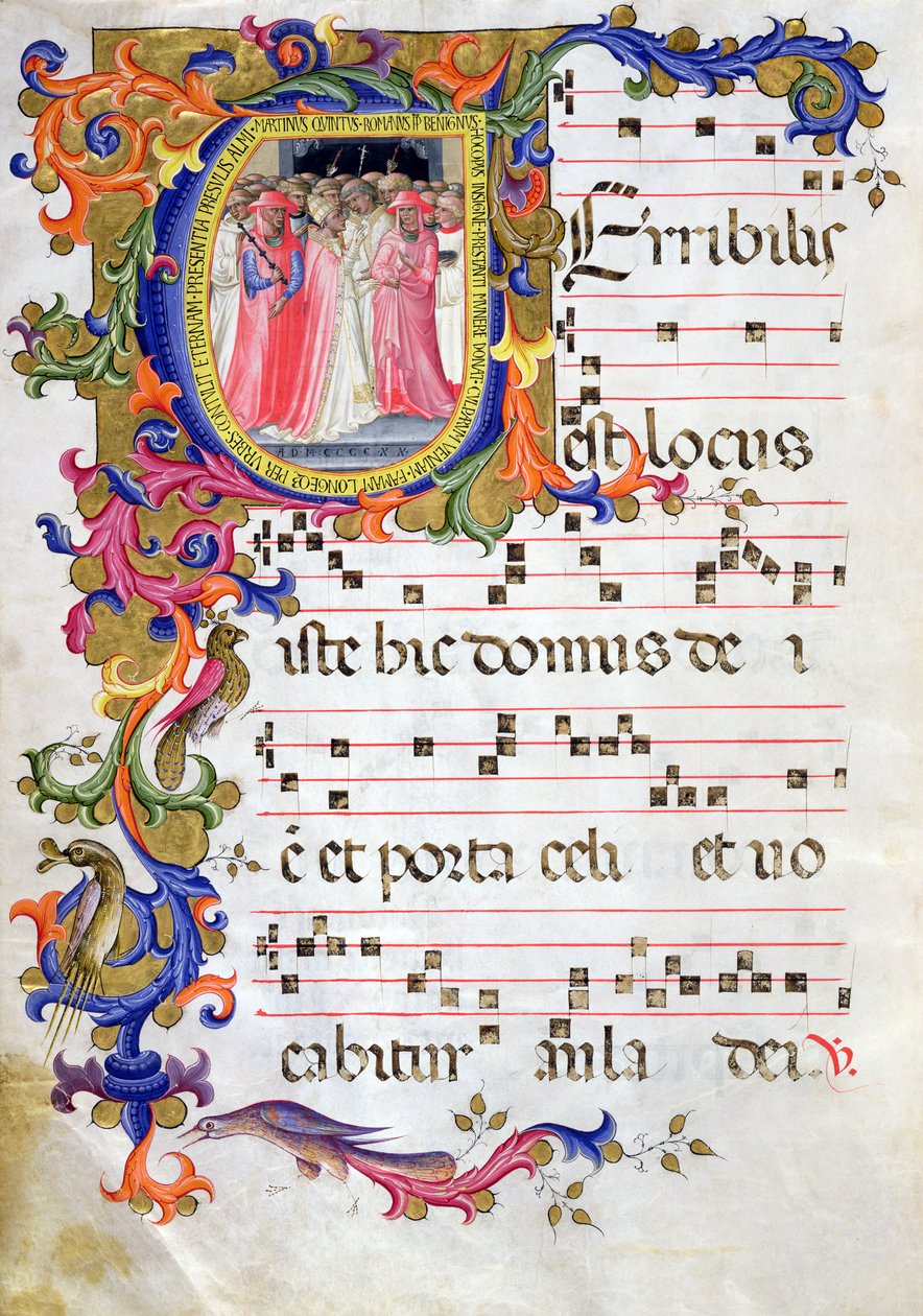 Ms 557 f.61v Sivu, jossa on historiallinen alkukirjain "U", joka kuvaa paavi Martin V:tä (1368-1431) vihkimässä Sant