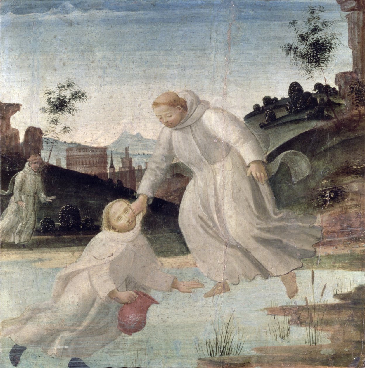 Kohtauksia Pyhän Benedictuksen elämästä: Benedictuksen käskystä Maurus vetää Placiduksen järvestä, n. 1488 (paneeli). tekijältä Bartolomeo di Giovanni