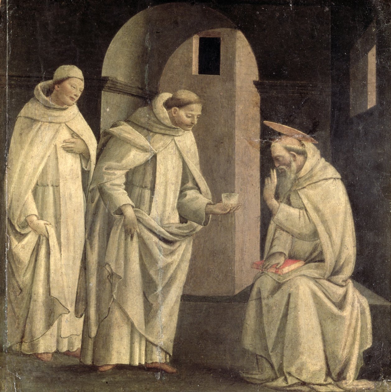 Kohtauksia Pyhän Benedictuksen elämästä: Pyhä Benedictus siunaa myrkkykupin, joka särkyy, predella-paneeli, n. 1488 (paneeli) tekijältä Bartolomeo di Giovanni