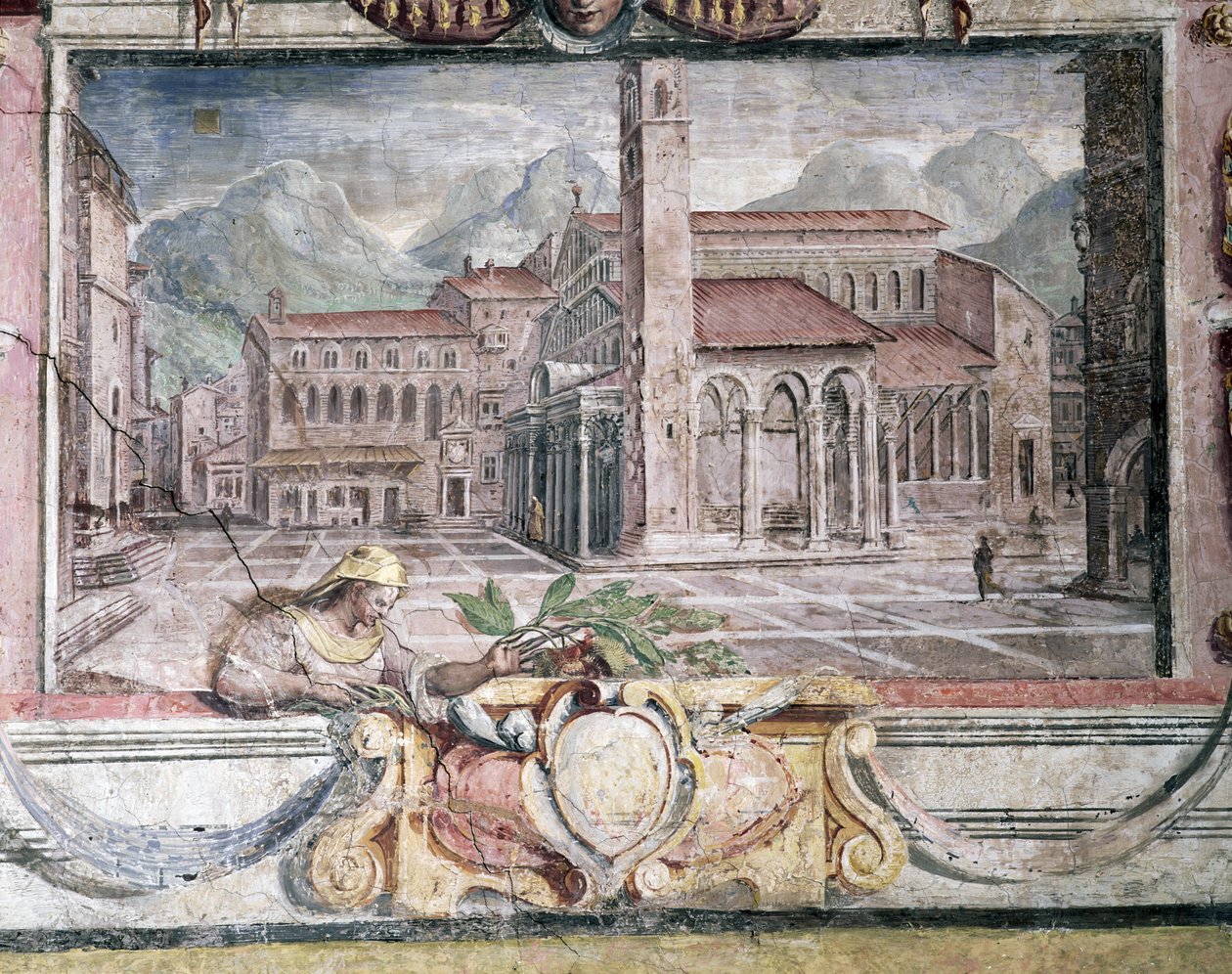 Makuuhuone, yksityiskohta friisistä, joka kuvaa Medici-vallan aikaisia kaupunkeja, Pistoia, 1564-75 fresko. tekijältä Bartolomeo Ammannati