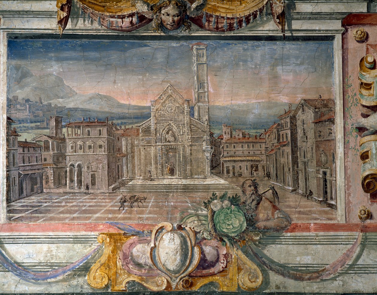 Makuuhuone, yksityiskohta friisistä, joka kuvaa Medici-vallan aikaisia kaupunkeja, mahdollisesti Lucca, 1564-75 fresko. tekijältä Bartolomeo Ammannati