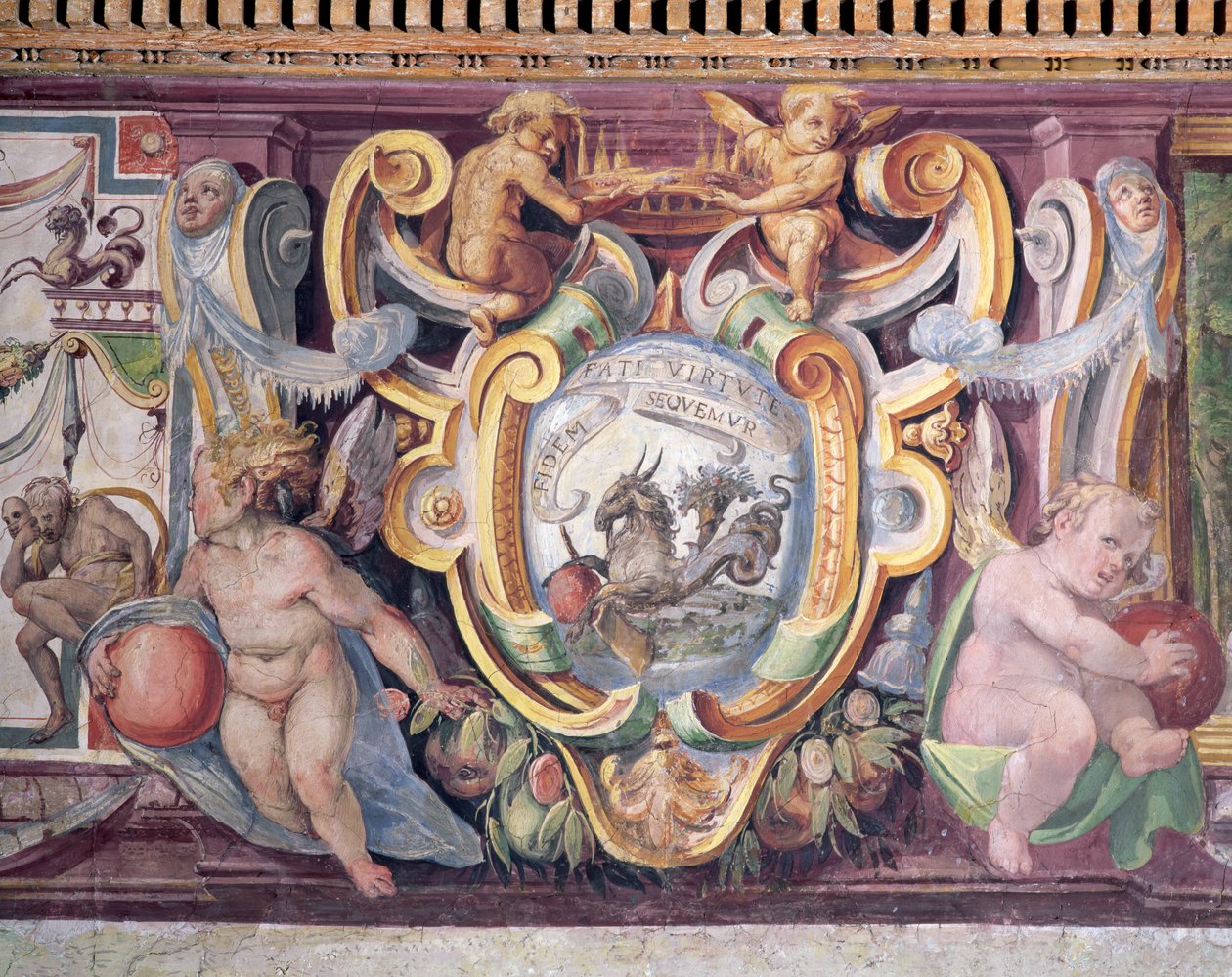 Sala del Granduca di Toscana Toscanan suurherttuan sali Yksityiskohta friisistä, jossa on eläinradan merkkejä, Kauris, Francesco deMedicin tunnus 1541-87 1564-75 fresko tekijältä Bartolomeo Ammannati