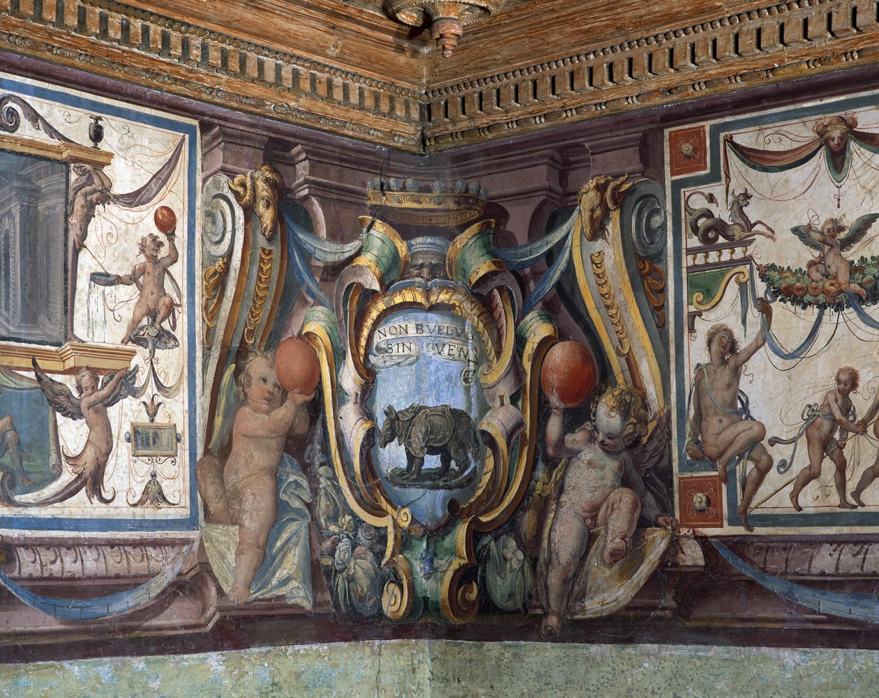 Sala del Granduca di Toscana Toscanan suurherttuan sali Yksityiskohta friisistä, jossa kuvataan eläinradan merkkejä ja sarvikuonoa, 1564-75 fresko. tekijältä Bartolomeo Ammannati