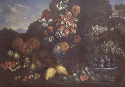 Kukkia Maiolica-kannussa hedelmien kanssa maisemassa tekijältä Bartolomeo Bimbi