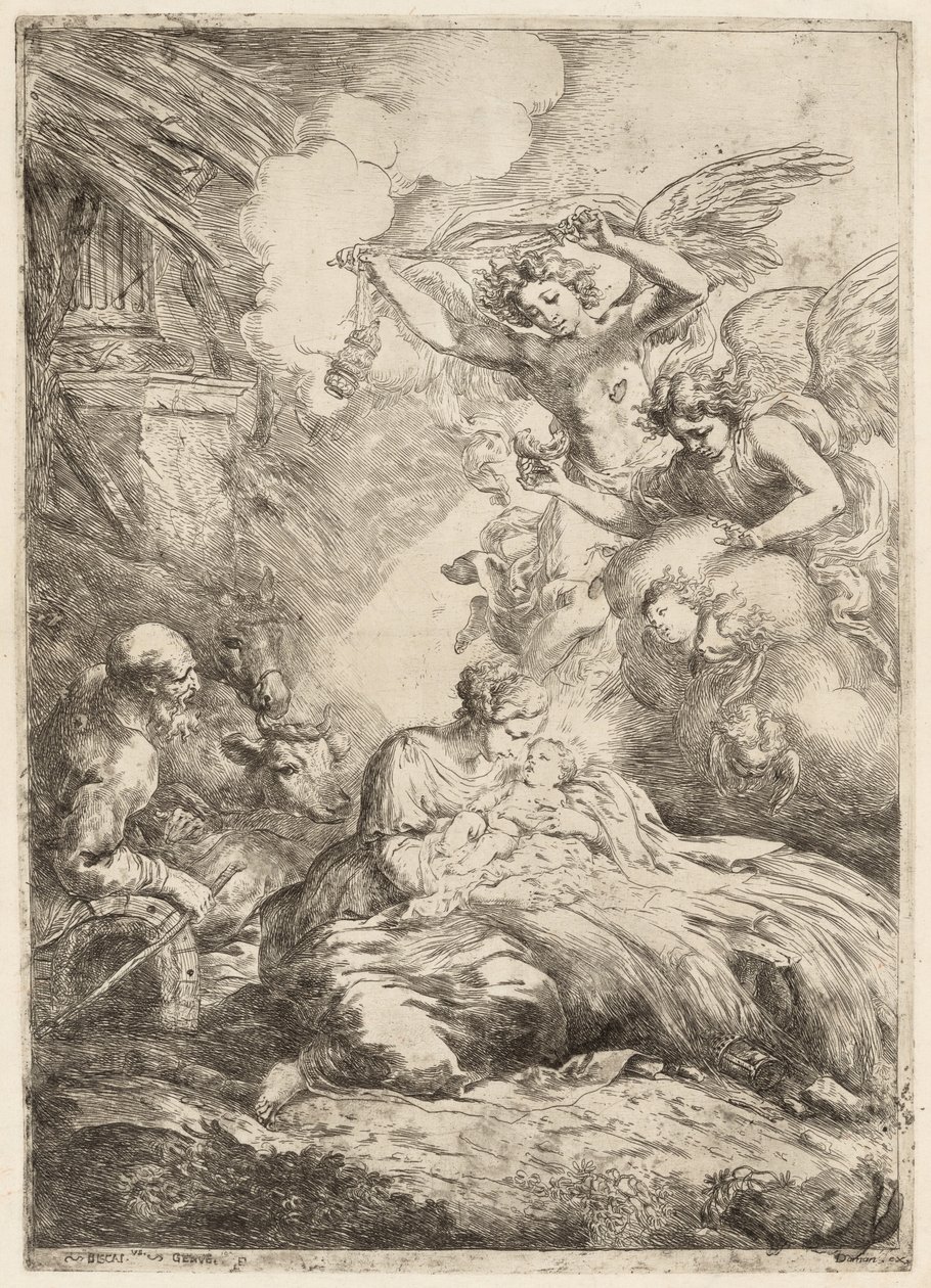 Pyhä perhe, jota enkelit palvovat Suuri syntymä, n. 1655. tekijältä Bartolomeo Biscaino